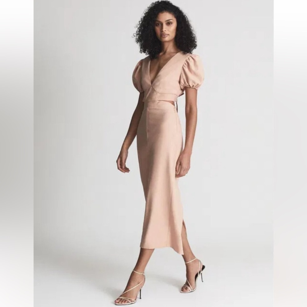 Reiss Jennah Puff Sleeve Linen Blend Dress Midi Blush 6 NEW